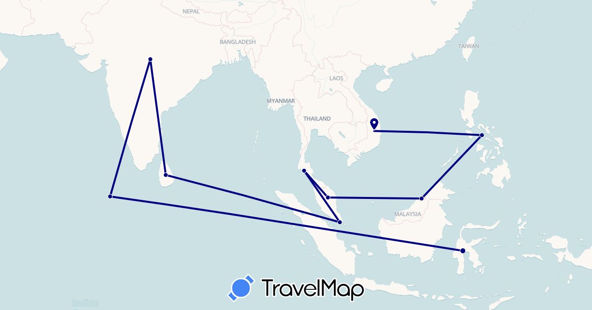 TravelMap itinerary: driving in Brunei, Indonesia, India, Sri Lanka, Maldives, Malaysia, Philippines, Singapore, Thailand, Vietnam (Asia)